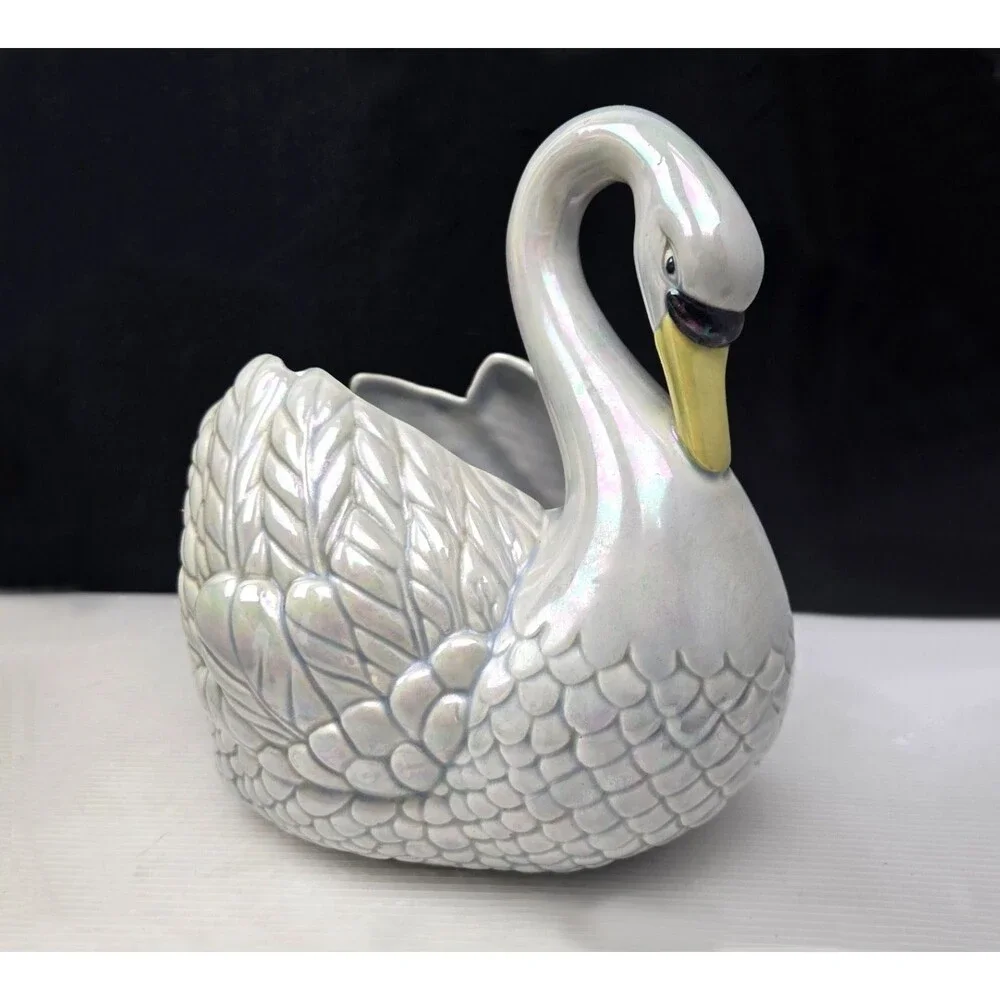 Vintage Holland Mold Swan Planter Pearlized Iridescent Luster Ceramic 11” 1974